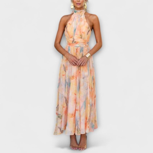 Aurora – Vestido Longo Estampado com Gola Halter